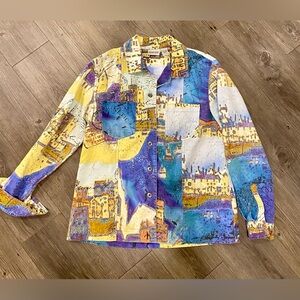 Chico's Vibrant Abstract Print Button-Up Shirt - Yellow Blue Purple